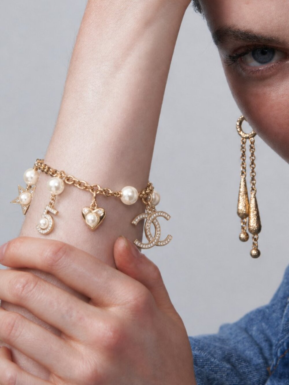 Vintage Chanel Charm Bracelet CC Logo Gold Pearl Adjustable